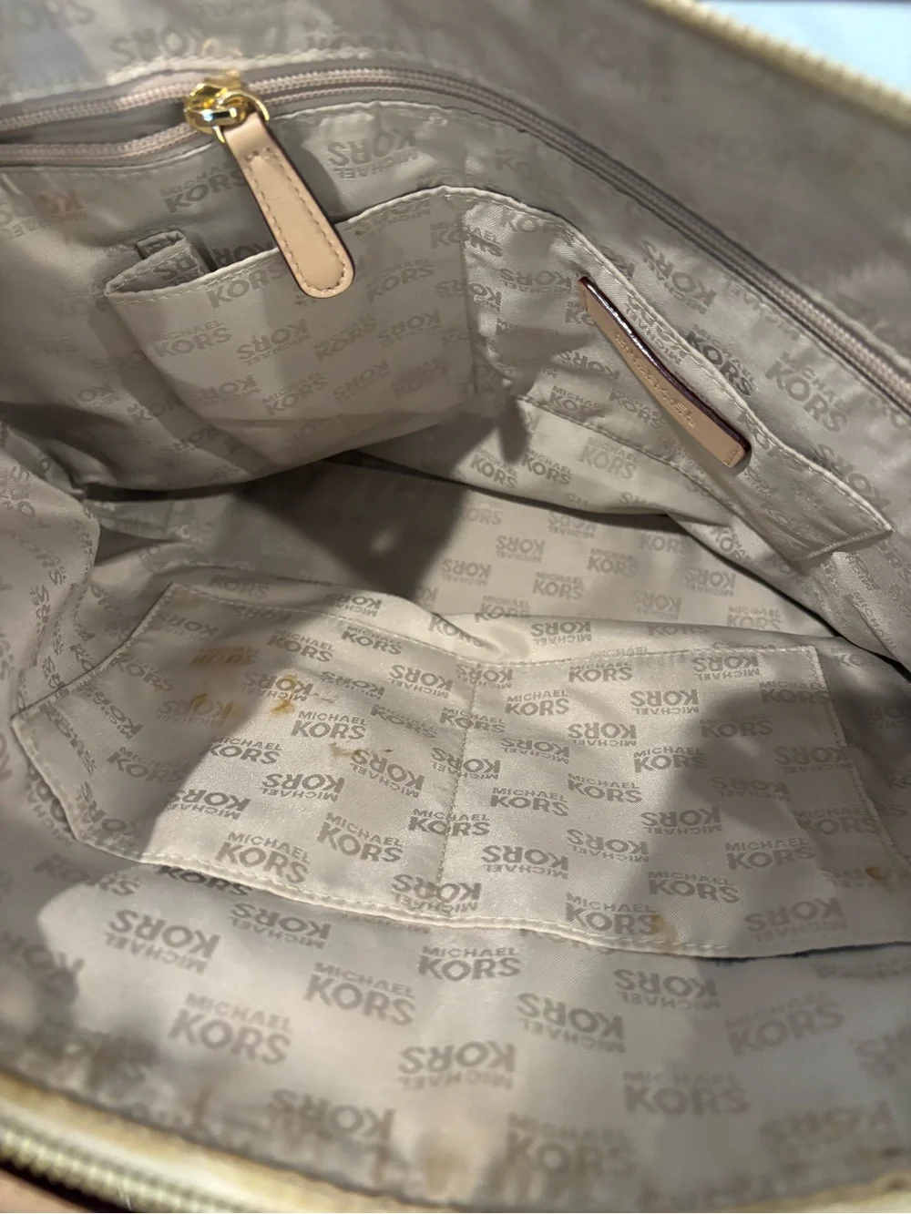 Michael Kors Beige Logo Jacquard Tote with Tan Leather Straps